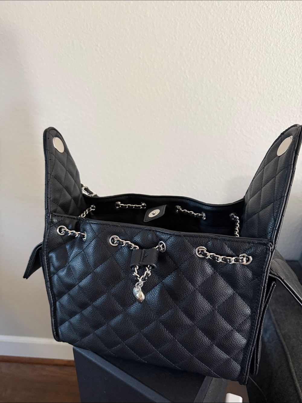 Black Quilted Chain-Accent Shoulder Bag